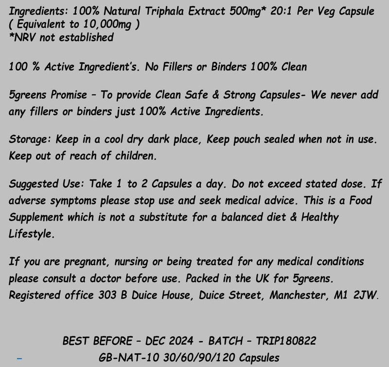 [Australia] - Triphala Capsules,120 Caps,Super Strong 10: 1 Extract - 10 Times Stronger & Effective Then RAW Powder | Body Tonic, Ethical & Vegan,Made in The UK 5greens 