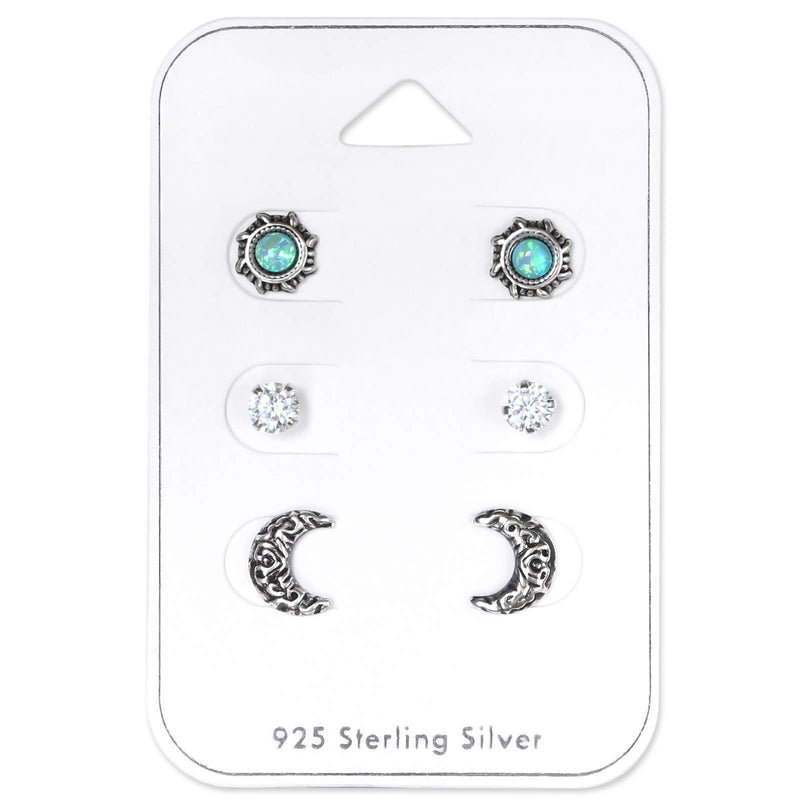 [Australia] - The Rose & Silver Company Women 925 Sterling Silver Tiny Cubic Zirconia and Synthetic Opal Stones Ethnic Moon and Sun Stud Earrings Set 