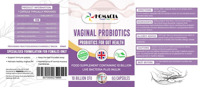 [Australia] - Homacia Vaginal Probiotics | Urinary Bio-Balance & Vaginal Gut Bacteria Support Capsules for Women | UTI and Yeast Balance Support | Probiotics for Women | UK Made - 60 Day Supply 