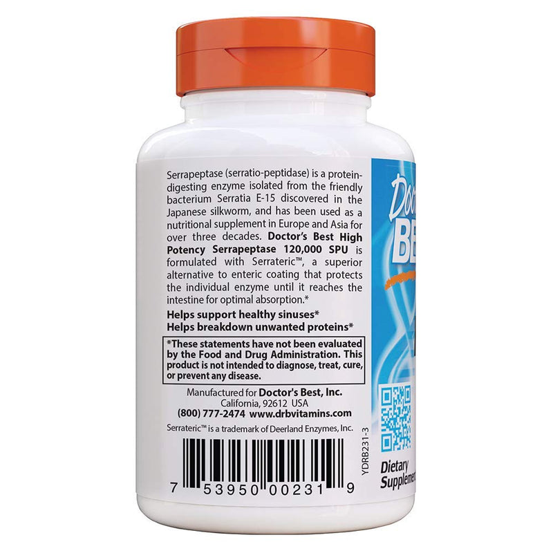 [Australia] - Doctor's Best High Potency Serrapeptase, Non-GMO, Gluten Free, Vegan, Supports Healthy Sinuses, 120,000 SPU, 90 Count 