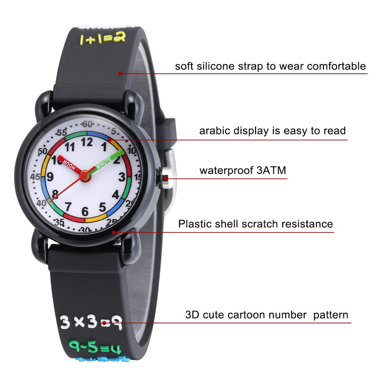 [Australia] - Jewtme Cute Toddler Children Kids Watches Ages 3-8 Analog Time Teacher 3D Silicone Band Cartoon Watch for Little Girls Boys Arithmetic-Black 