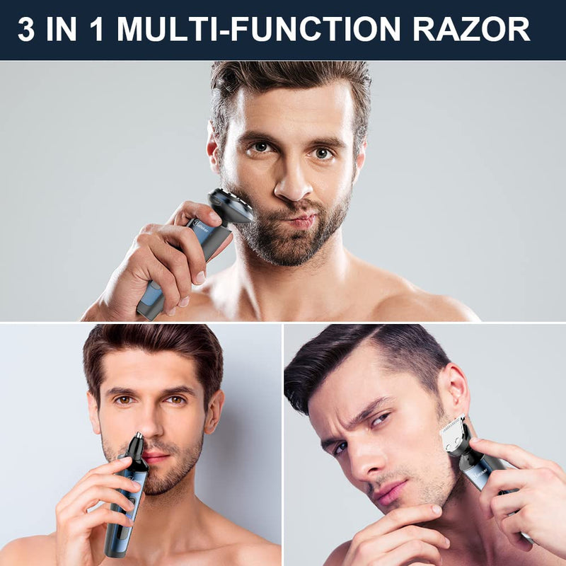 [Australia] - Hatteker Mens Electric Shavers Razor Beard Trimmer Rotary Facail Head Shaver for Men Sideburn Trimmer Nose Trimmer Wet Dry IPX7 Waterproof Rechargeable Cordless 3 in 1 