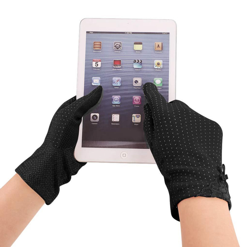 [Australia] - Women Touchscreen Gloves Summer Driving Mittens Ladies Lace Full Finger Gloves Mesh Floral Cycling UV Protection Handwear Non-Slip Quick Dry Outdoor Riding Hand Wrist Cover Elegant Mitts Spot Black 