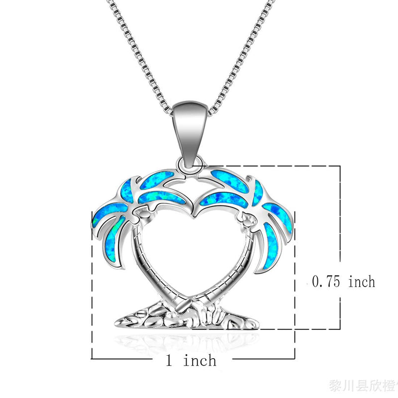 [Australia] - Sterling Silver Double Palm Tree Necklaces Pendant Earrings Blue Opal Pendant Perfect Birthday Present Blue Opal Silver Pendant 