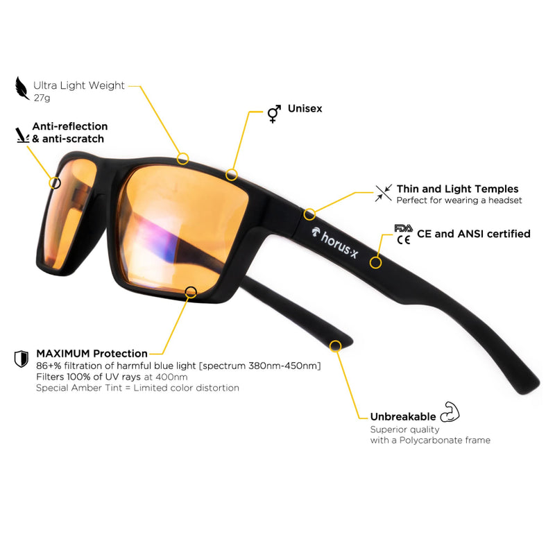 [Australia] - Horus X � Blue Light Blocking Gaming Glasses - Professional Screen Filter Anti Glare Fatigue and Eyestrain (Games, TV, PC) - eSport Men and Women - Amber One 