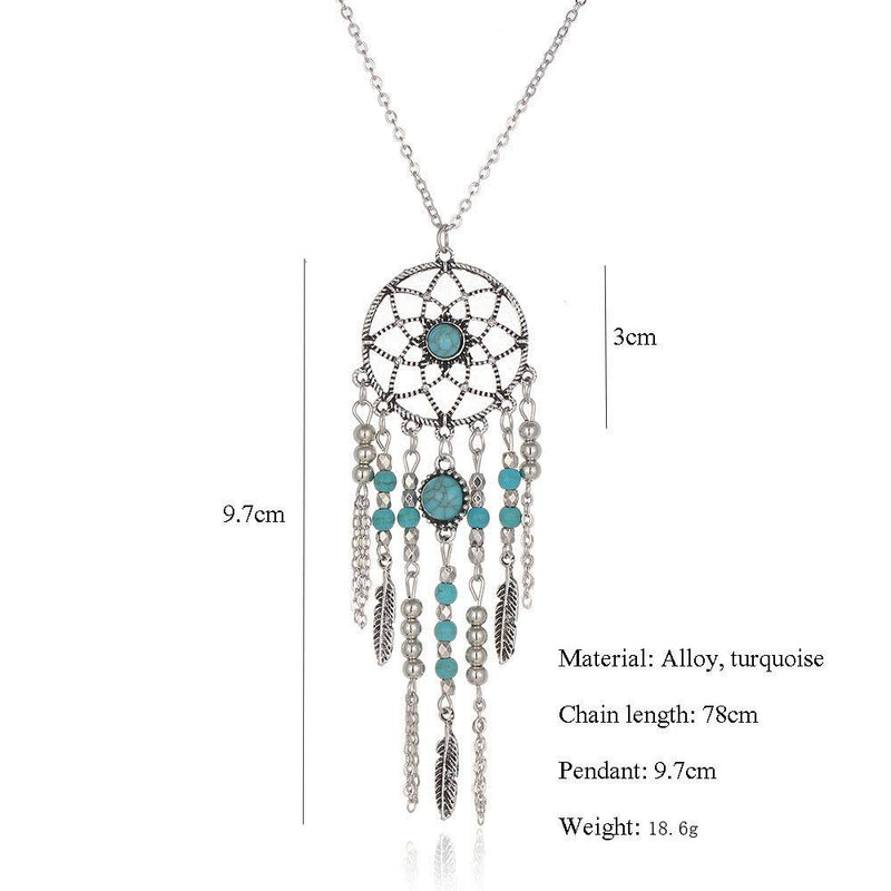 [Australia] - CrazyPiercing Retro Silver Tone Chain Necklace, Vintage Dream Catcher Turquoise Feather Pendant Long Chain Necklace Jewelry for Women Girls 