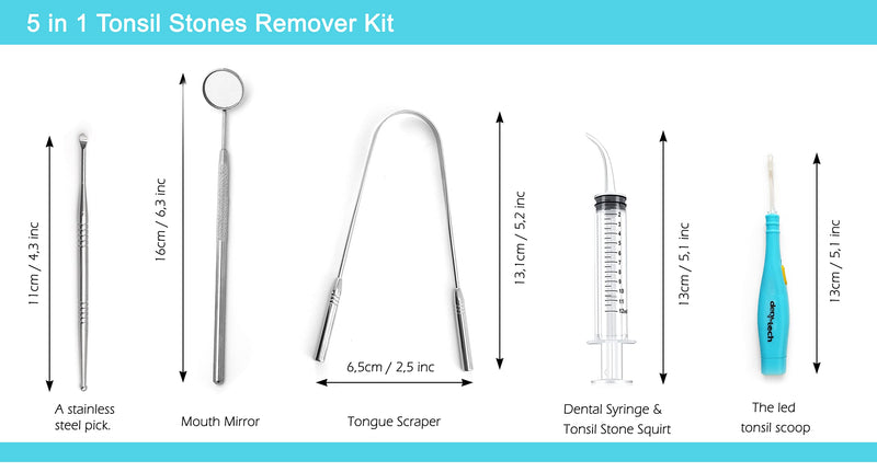[Australia] - Tonsil Stone Remover Tool and Personal Oral Care Kit 5 in 1 - Tongue Scraper, Syringe, Mouth Mirror, and Tonsil Scoop with LED Light 