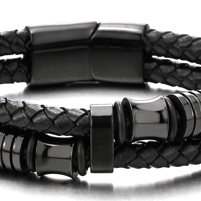 [Australia] - COOLSTEELANDBEYOND Mens Double-Row Black Braided Leather Bracelet Bangle Wristband with Black Stainless Steel Ornaments Metal Color: Black; Leather Color: Black 