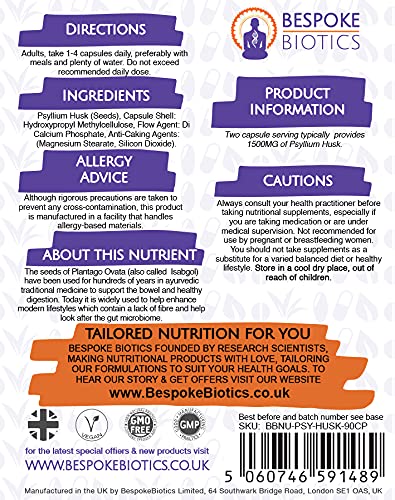 [Australia] - Psyllium Husks Supplement 1500 mg Serving - 90 Cap - | Vegans | Contains No Common Allergens | UK | BIOME Bodyguard Fibre| Mental Health | Thyroid| Gut Microbiome Support 