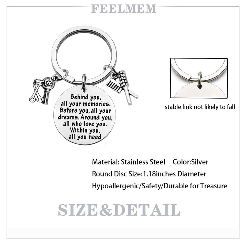 [Australia] - FEELMEM Hair Stylist Gift Cosmetology Graduation Gift Behind You All Memories Before You All Your Dream Keychain Inspirational Hairdresser Jewelry Hair Cutter Barber Gift Hair Stylist keychain 