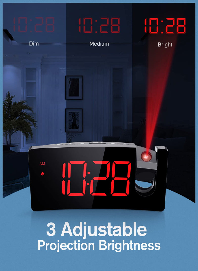 [Australia] - Projection Alarm Clock for Bedrooms, Red Digital Clock Projection on Ceiling Wall with USB Charging Port, 3-Level Brightness 180° Projector and Screen, 12/24H, Snooze, Bedside Clock for Elders, Adults 