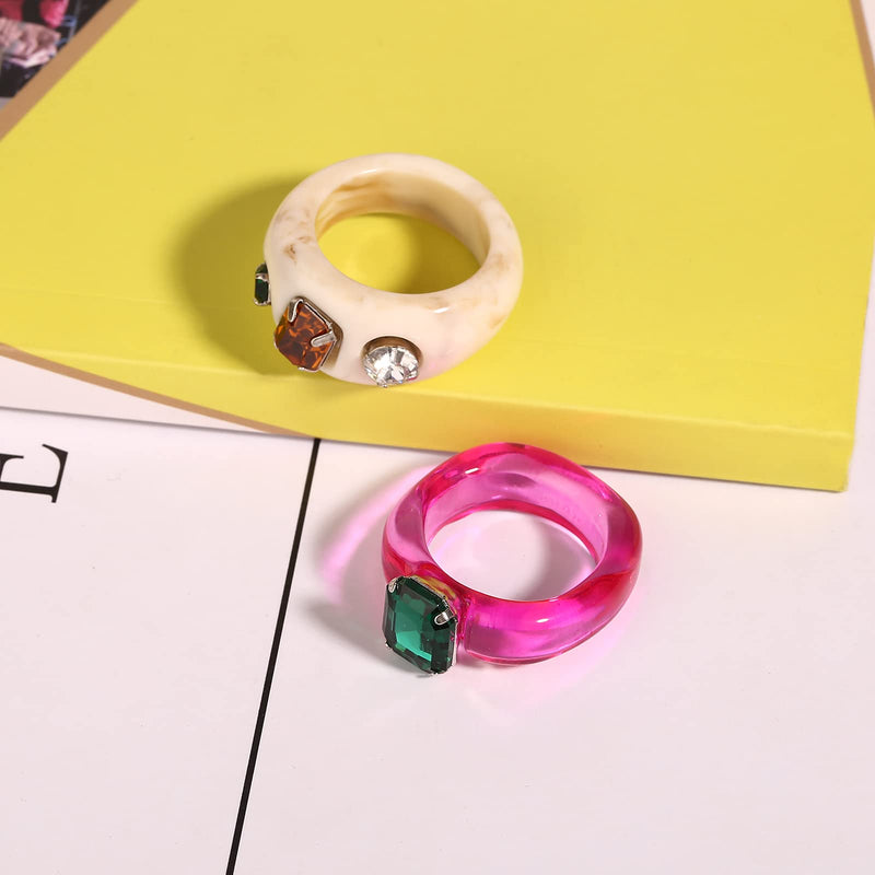 [Australia] - 2 Pcs Resin Acrylic Diamond Fruit Rings Set Colorful Index Finger Ring Cute Transparent Plastic Band Ring Jewelry Trendy Unique Square Gem Ring for Teen Girls and Women（6-9） Ring A 6 