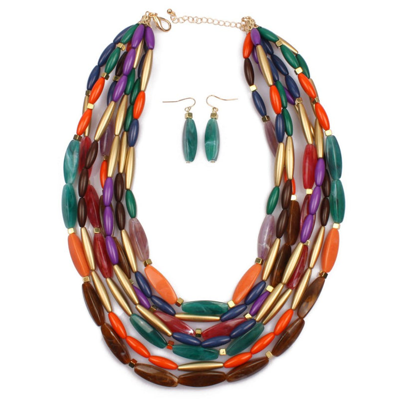 [Australia] - Thkmeet Multilayer Colored Bead Pendant Statement Necklace Earrings for Women Girl Jewelry 