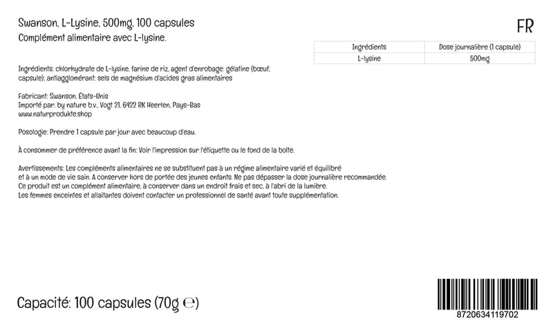 [Australia] - Swanson, L-Lysine, 500mg, 100 Capsules, High Dose, Lab-Tested, Soy Free, Gluten Free, Non-GMO 