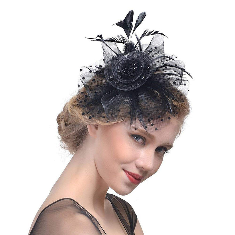 [Australia] - Fascinators Tea Party Hats for Women, Hat Flower Mesh Ribbons Feathers on a Headband and a Clip Headwear for Girls and Women Black+navy 