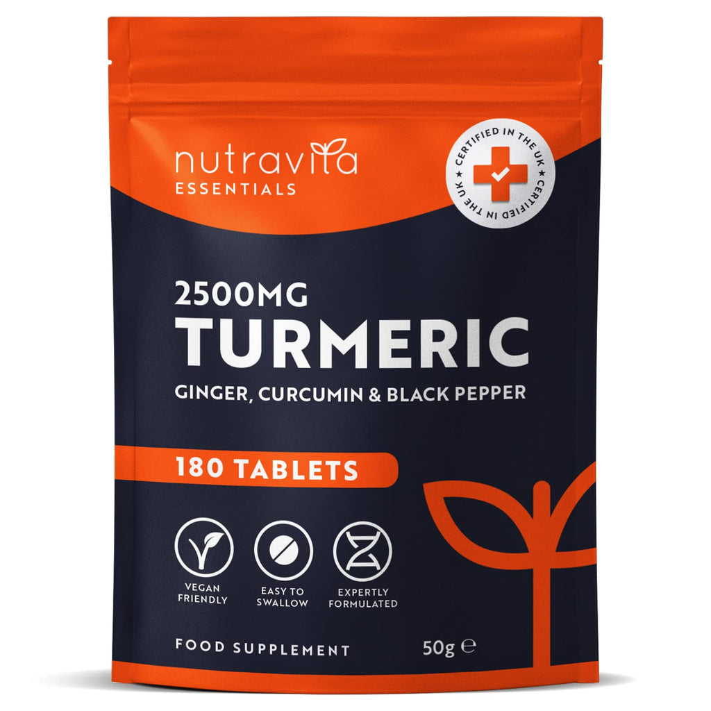 [Australia] - Turmeric Tablets 2500mg with Curcumin, Ginger and Black Pepper - 180 High Strength Vegan Turmeric Tablets (3 Month Supply) (Not Capsules) - Made in The UK by Nutravita 