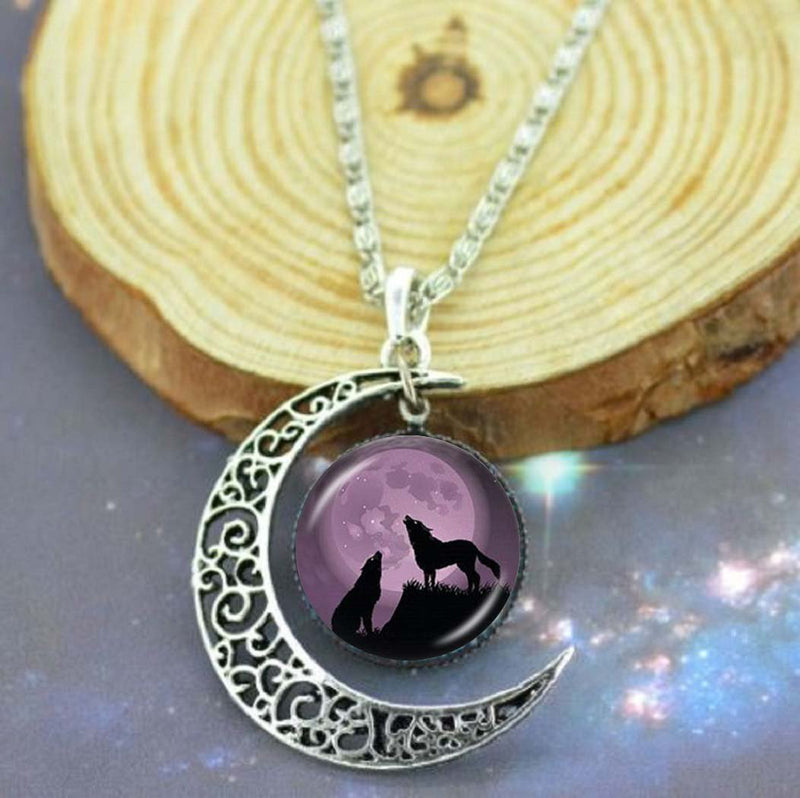 [Australia] - Gemingo Unique Two Wolf Necklace Glass Dome Wolf Choker Sterling Silver Crescent Necklace 