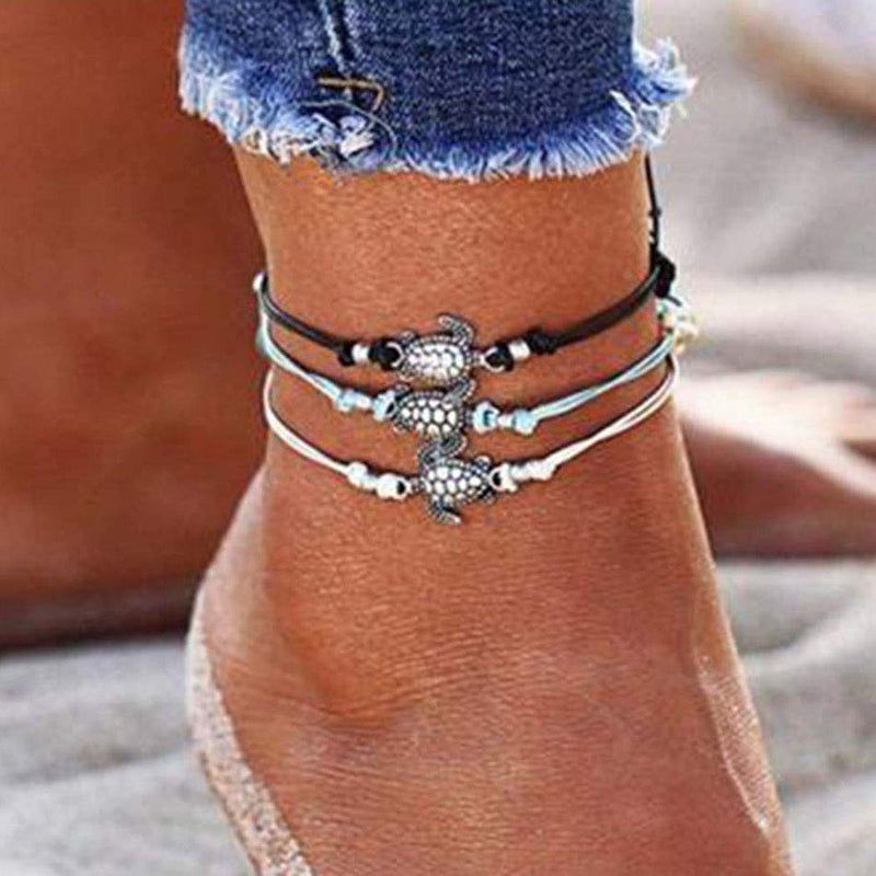 [Australia] - Casdre Boho Layered Anklets Black Sea Turtle Beach Foot Chain Wax Rope Bracelet Charm Adjustable Chain Foot Jewelry for Women and Girls 