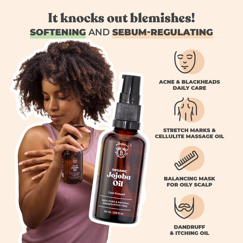 [Australia] - Bionoble Organic Jojoba Oil 50ml - 100% Pure, Natural and Cold Pressed - Face, Body, Hair, Beard, Nails - Vegan and Cruelty Free - Glass Bottle + Pipette + Pump 50 ml (Pack of 1) 