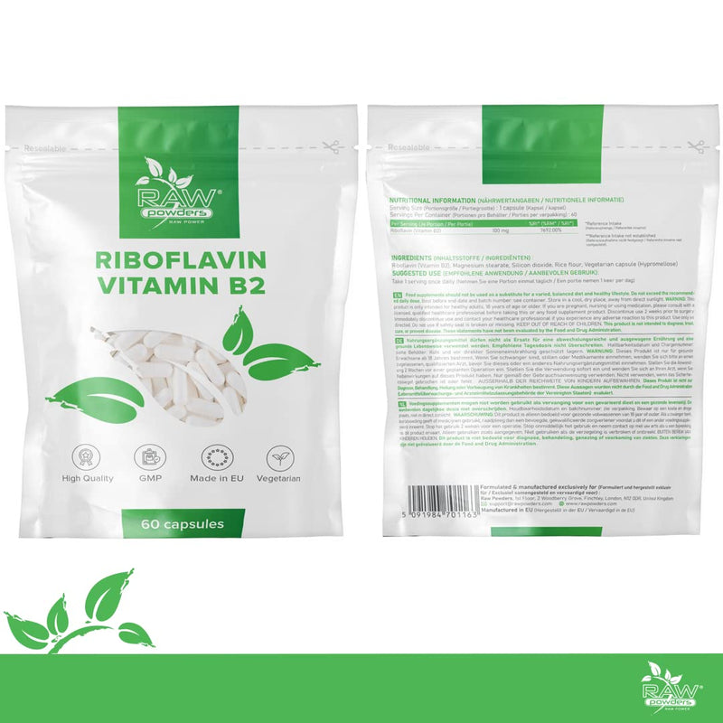 [Australia] - Riboflavin 100 mg 60 Tablets High Strength - Vegan Vitamin b2 riboflavin Supplement - Non-GMO & Gluten-Free - Helps with Tiredness and Fatigue, Supports Energy Levels by Raw Powders 