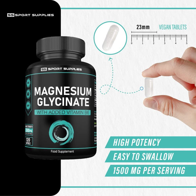[Australia] - Magnesium Glycinate Supplements 1500mg & Vitamin B6 - 120 High Strength Capsules - 1500mg of Magnesium Providing 315mg Elemental Magnesium (Bisglycinate) - Pure Active Ingredient 