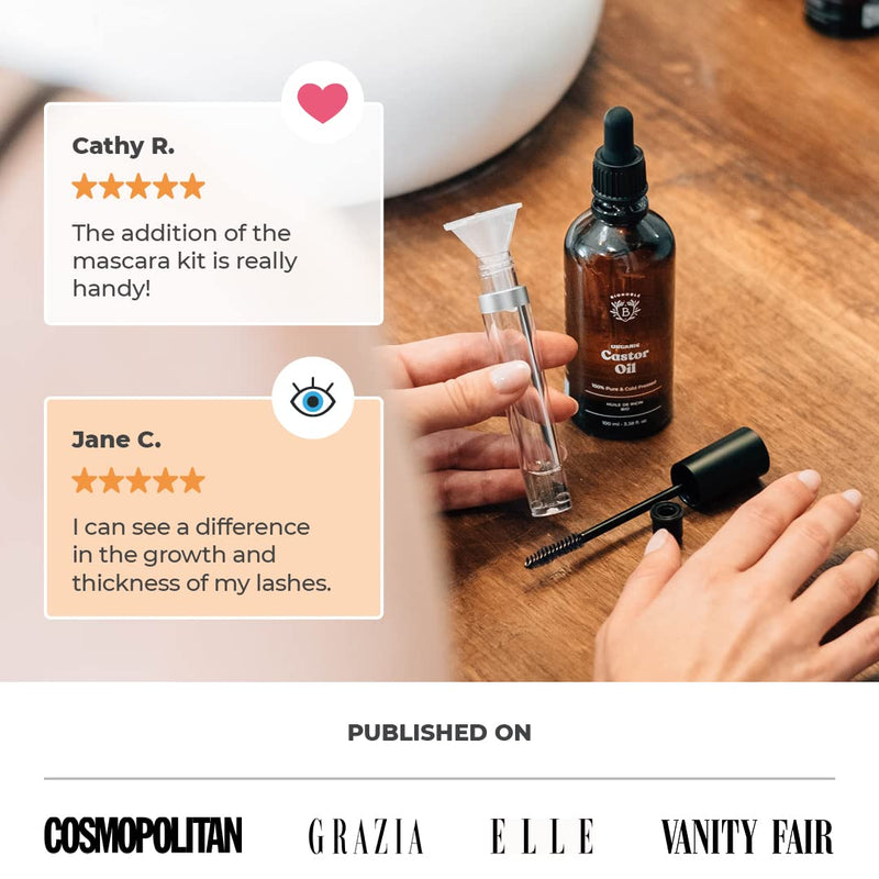[Australia] - ORGANIC CASTOR OIL | 100% Pure, Natural & Cold Pressed | Lashes, Eyebrows, Body, Hair, Beard, Nails | Vegan & Cruelty Free| Glass Bottle + Pipette + Pump + Mascara Kit (50ml) 50ml (+Mascara) With Mascara 