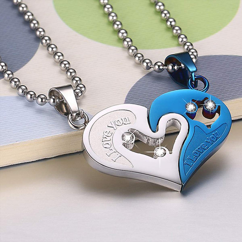 [Australia] - I Love You Engraved Couples Necklace Couples Gifts 20" Chain Puzzle Matching Couples-Silver Blue Heart 