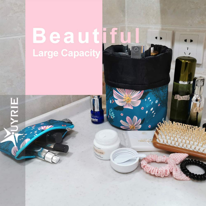 [Australia] - UYRIE Portable Makeup Toiletry Cosmetic Travel Organizer Bag, Large Drawstring Hanging Packing Bag for Women Girl Men, Lightweight Multifunctional Barrel Shaped Storage Bag (Pink Flower) Pink Flower 