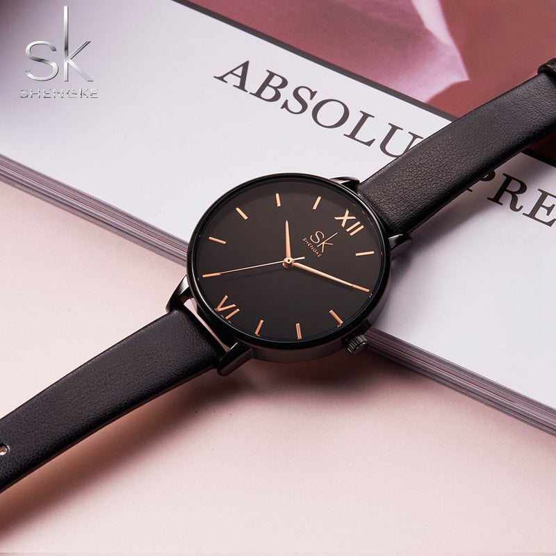 [Australia] - SHENGKE Women Watches Leather Band Decent Casual Geneva Waterproof Creative Ladies Watch reloj de Mujer K0039-Black 