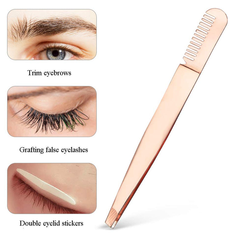 [Australia] - 2 Pieces Multifunctional Eyebrow Tweezers with Eyebrow Comb False Eyelashes Applicator Tool Makeup Grooming Tool for Eyebrows or Facial Hair（Rose Gold） 