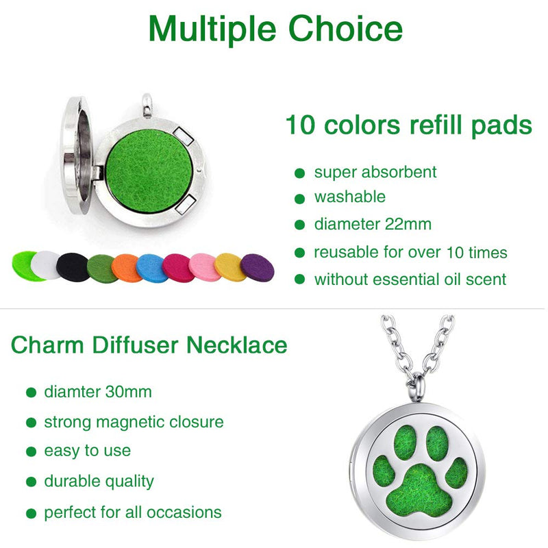 [Australia] - SWOPAN Essential Oil Diffuser Necklace Aromatherapy Locket Pendant Stainless Steel Necklace for Women Men Aroma Therapy Perfume Necklace Charms Pendant Hypo-Allergenic Jewelry Gift with 10 Refill Pads Dog Paw Diffuser Locket 