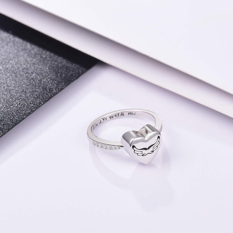 [Australia] - 925 Sterling Silver Heart Urn Ring Angel Wings Cremation Memorial Jewelry Hold Loved Ones Ashes Finger Rings for Women 8 