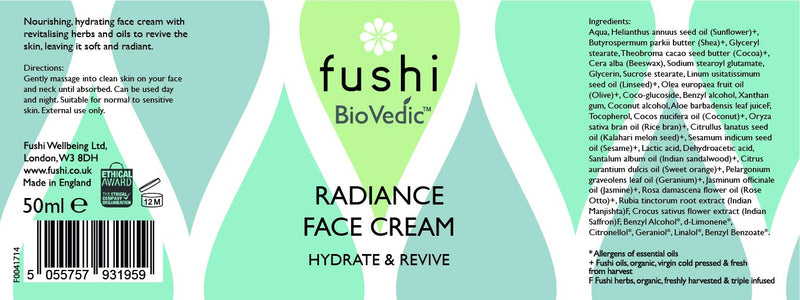[Australia] - Fushi Biovedic Radiance Face Cream 50ml |Fresh Pressed | Ayurvedic Herb Manjisthta, Kalahari Melon Seed & Rice Bran Oils |Best For Hydration, Nourishing & Skin Brightening | Manufactured In The UK 