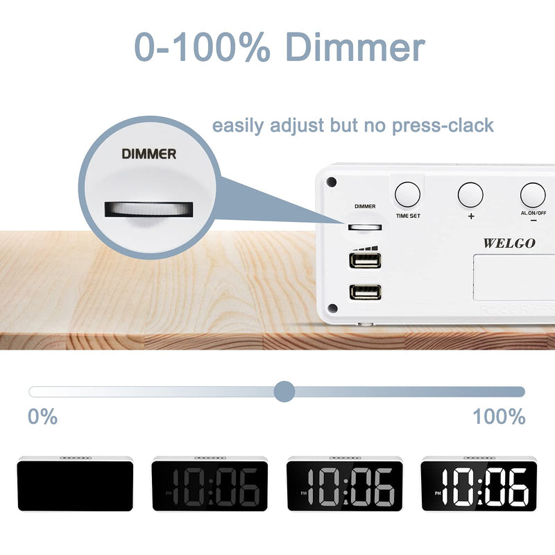 [Australia] - Welgo LED Digital Alarm Clock with USB Charging Port, 0-100% Dimmer, Large Number, AM/PM, White Bold Digits, Snooze, Adjustable Volume, Outlet Powered for Bedroom Bedside(White) 