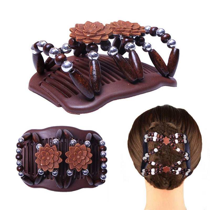 [Australia] - 6Pcs Magic Hair Comb Double Row Wooden Bead Hair Comb Stretchy Hair Comb Clip Hair Accessories for Girls Women 