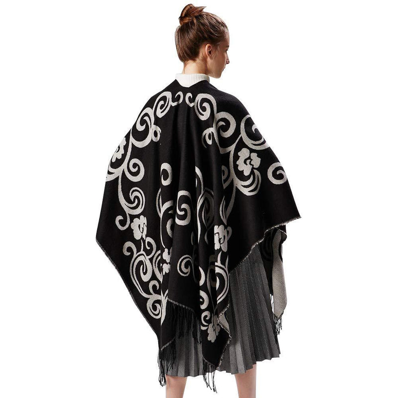 [Australia] - Superora Women Shawls Poncho Women Long Cape Knitted Wraps Open Stole Blanket Grids Fringed Tassels Large Long Printed Striped Scarf 150 * 130cm Black 