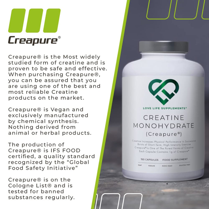 [Australia] - Creapure� Creatine Monohydrate Capsules (1 Gram per Capsule) | 150 Capsules (not Powder or Tablets) | 30-50 Servings | Love Life Supplements - 'Clean, Effective, High Quality' 