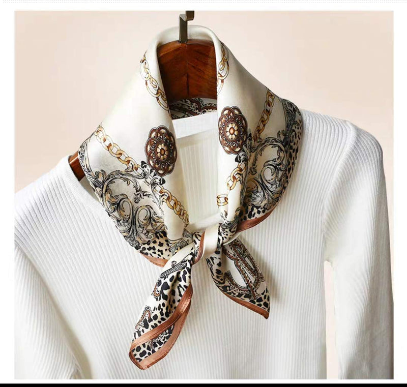 [Australia] - 100% Real Mulberry Silk Scarf -21'' x 21''- Lightweight Neckerchief –Women Men Small Square Digital Printed Scarves Beige Leopard 