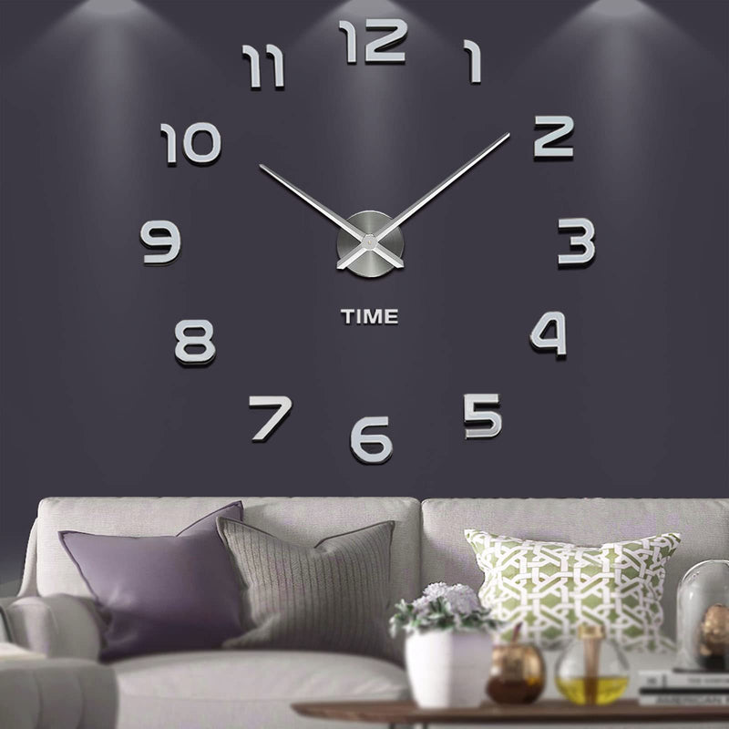 [Australia] - Vangold Frameless DIY Wall Clock 3D Mirror Wall Clock Large Mute Wall Stickers for Living Room Bedroom Home Decorations Silver 