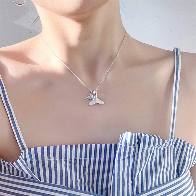 [Australia] - Sterling Silver Necklace with Double Mermaid Tail Pendants for Women Girls Men Delicate Personalized Polished Fish Whale Tail Pendant Dangling 18" Chain Fashion Jewelry 