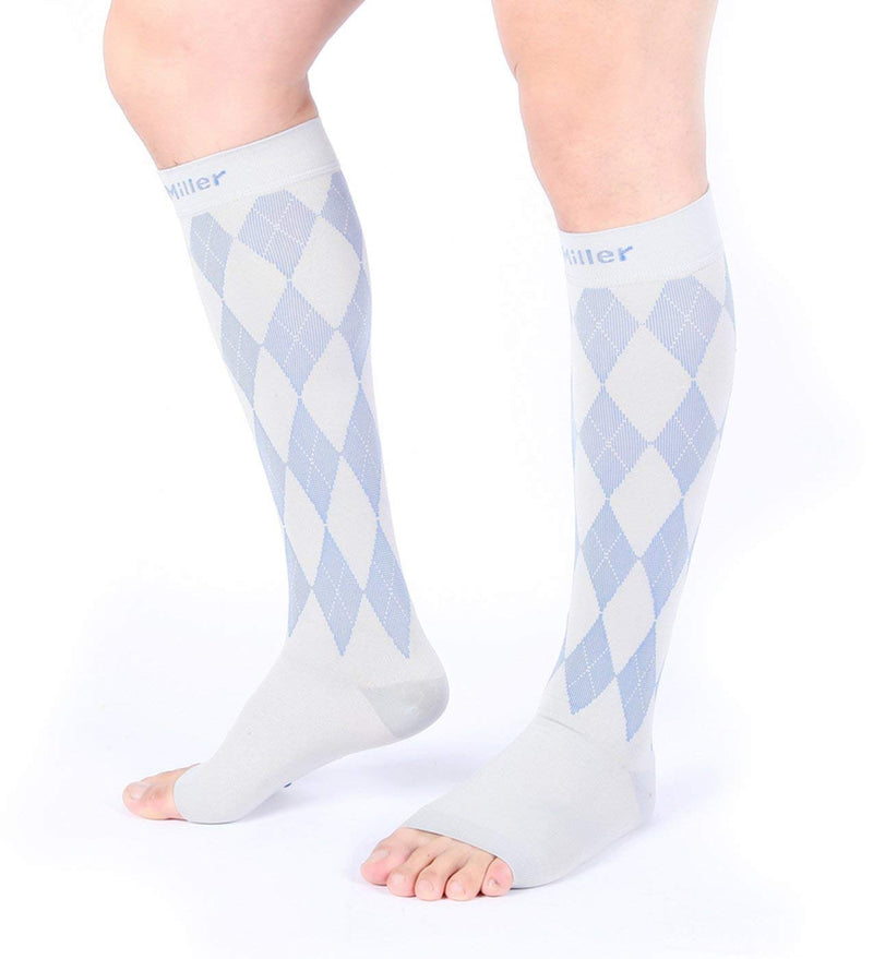 [Australia] - Doc Miller Open Toe Compression Socks Women 20-30mmHg, 1 Pair Toeless Socks for Women and Men - Argyle Design Medium Gray.blue Open Toe 