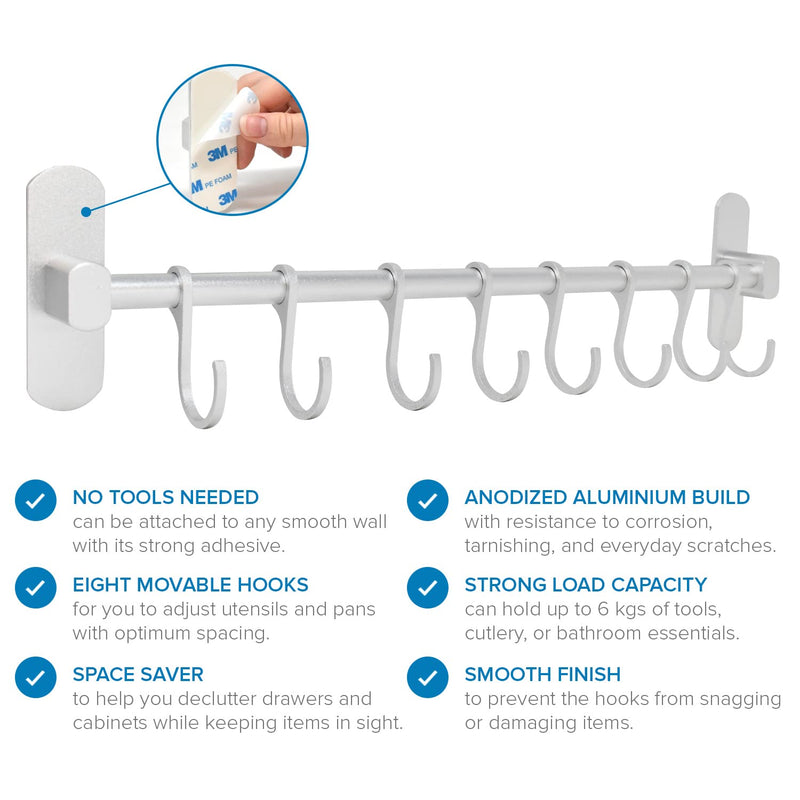 [Australia] - Joejis Kitchen Utensil Rack 40cm - Aluminium Kitchen Rail with 8 Hanging Hooks - Wall Mount Strong 3M Self Adhesive - No Drill Space-Saving Tool Holder - Silver 