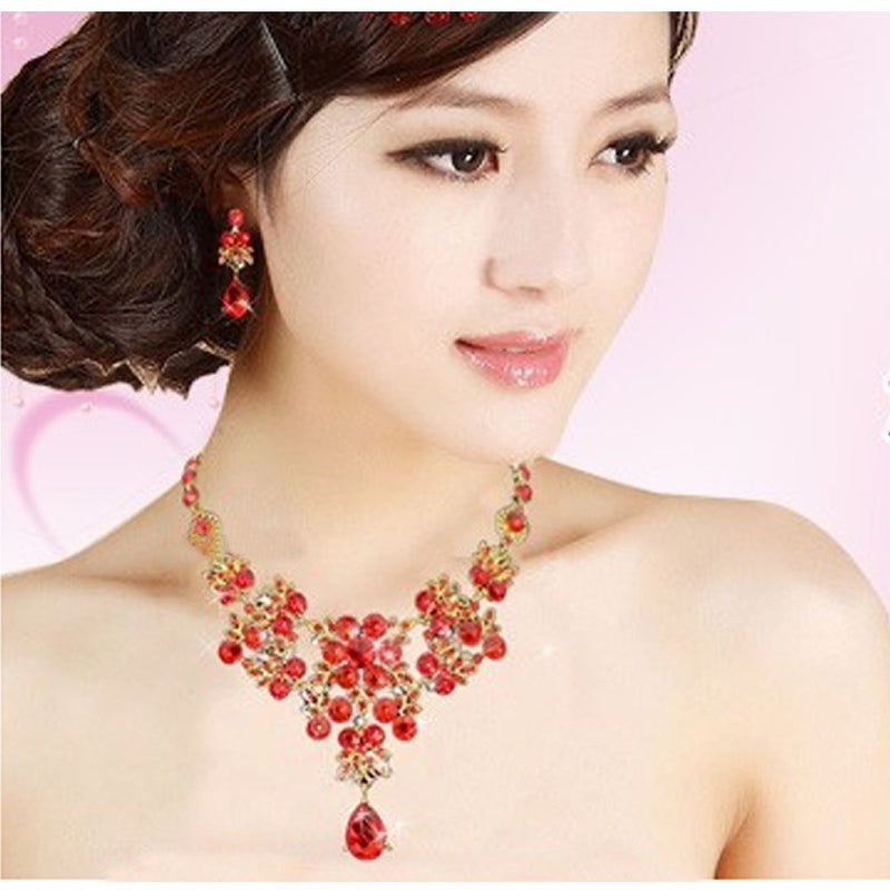 [Australia] - Dxhycc Silver Red Alloy Rhinestone Earrings Crystal Pendant Necklace Bridal Jewelry Set (Red) 