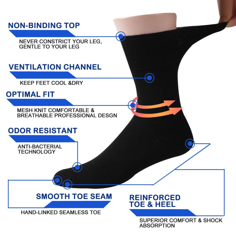 [Australia] - Facool Diabetic Socks for Men Women, Dress Cushioned Crew Cotton Socks with Non-Binding,Loose Top,Seamless Toe 6 Pairs Multicolor(2 X Black+2 X Grey+2 X Navy Blue) X-Large 