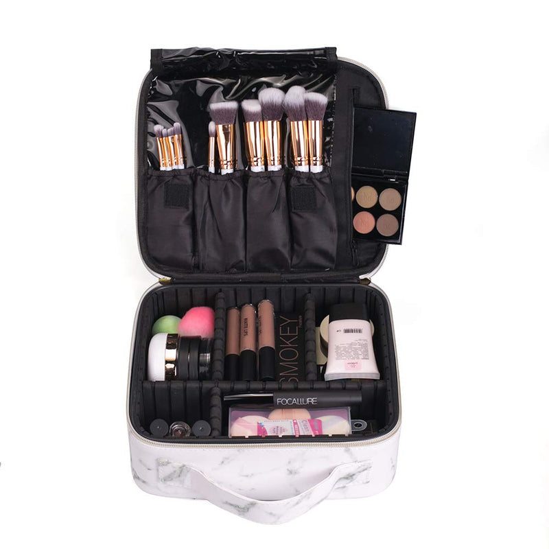 [Australia] - JUER Travel Makeup Train Case with Adjustable Dividers White Marble Makeup Organizer Bag Portable Cosmetic Storage Cases with Brush Holders (White marble texture) White marble texture 