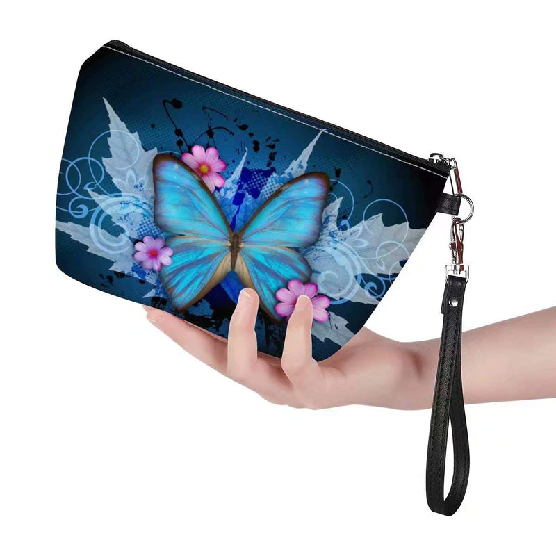 [Australia] - TSVAGA Blue Butterfly Wristlet Handbag Cosmetic Makeup Bag for Women Traveling Toiletry Roomy Zipper Waterproof Bag Lightweight Purse Clutch 