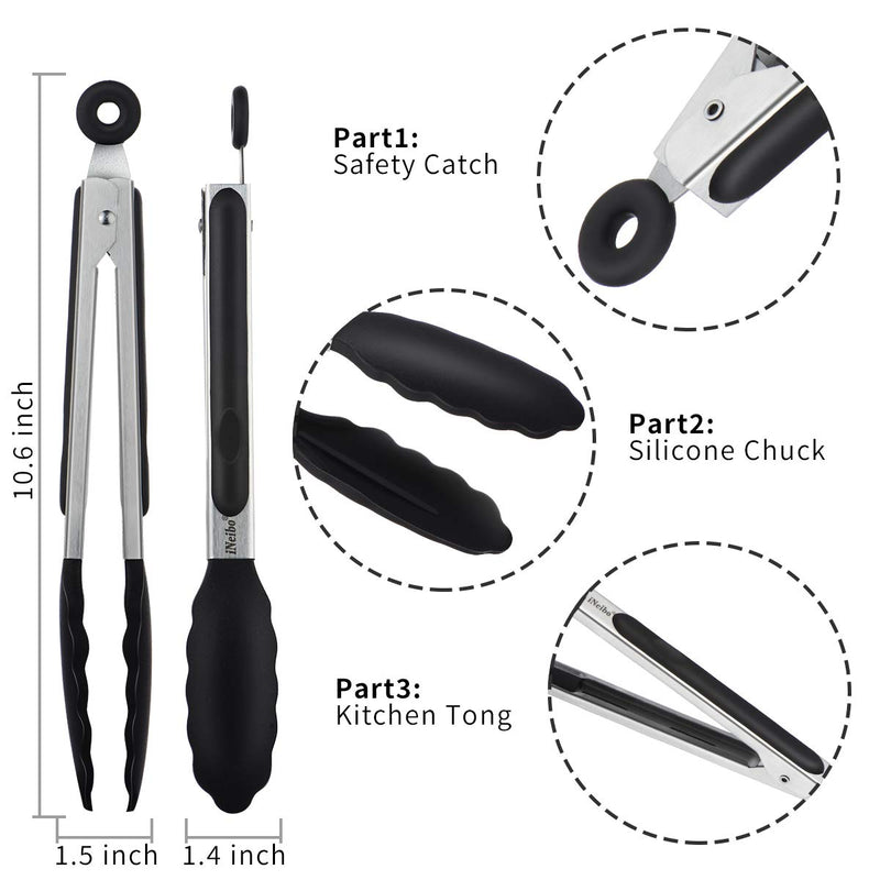 [Australia] - iNeibo Kitchen Tongs - 9'' & 12'' Non-Slip Smart Locking Stainless Steel Cooking Tongs with Silicone Tips for Grilling BBQ Serving Salad Ice (Black) Black 