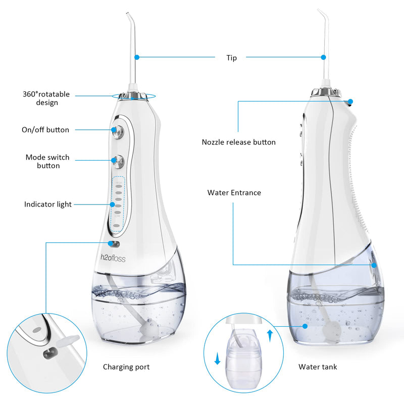 [Australia] - H2ofloss Water Flosser Professional Cordless Dental Oral Irrigator - Portable and Rechargeable IPX7 Waterproof Water Flossing for Teeth Cleaning,300ml Reservoir Home and Travel (HF-6) 