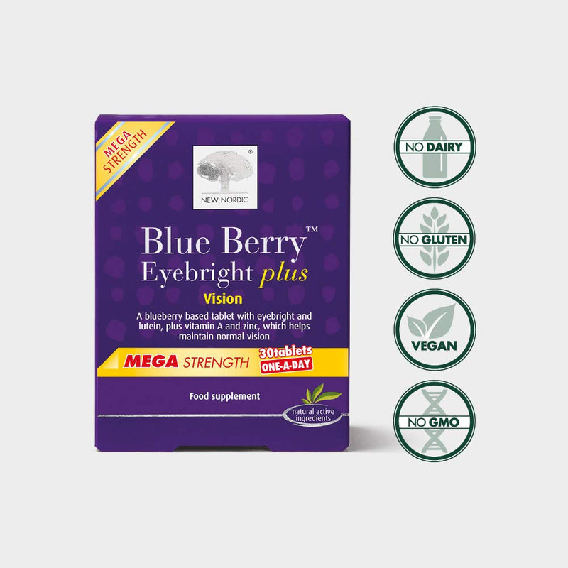 [Australia] - New Nordic Blue Berry Mega Strength - One-A-Day Tablets - 30 Tablets - Blue Berry Eyebright Plus - Natural Vegan Eye Supplement Tablets - Suitable for Women and Men 