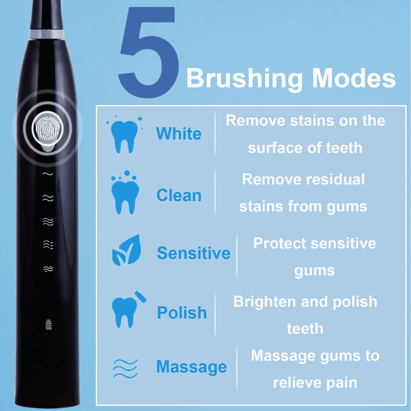 [Australia] - Rechargeable Electric Sonic Toothbrush for Adults Teens with 5 Modes 2 Mins Timer and 4 Duponts Toothbrush Heads, 4 Hours Charge Last 30 Days Black 